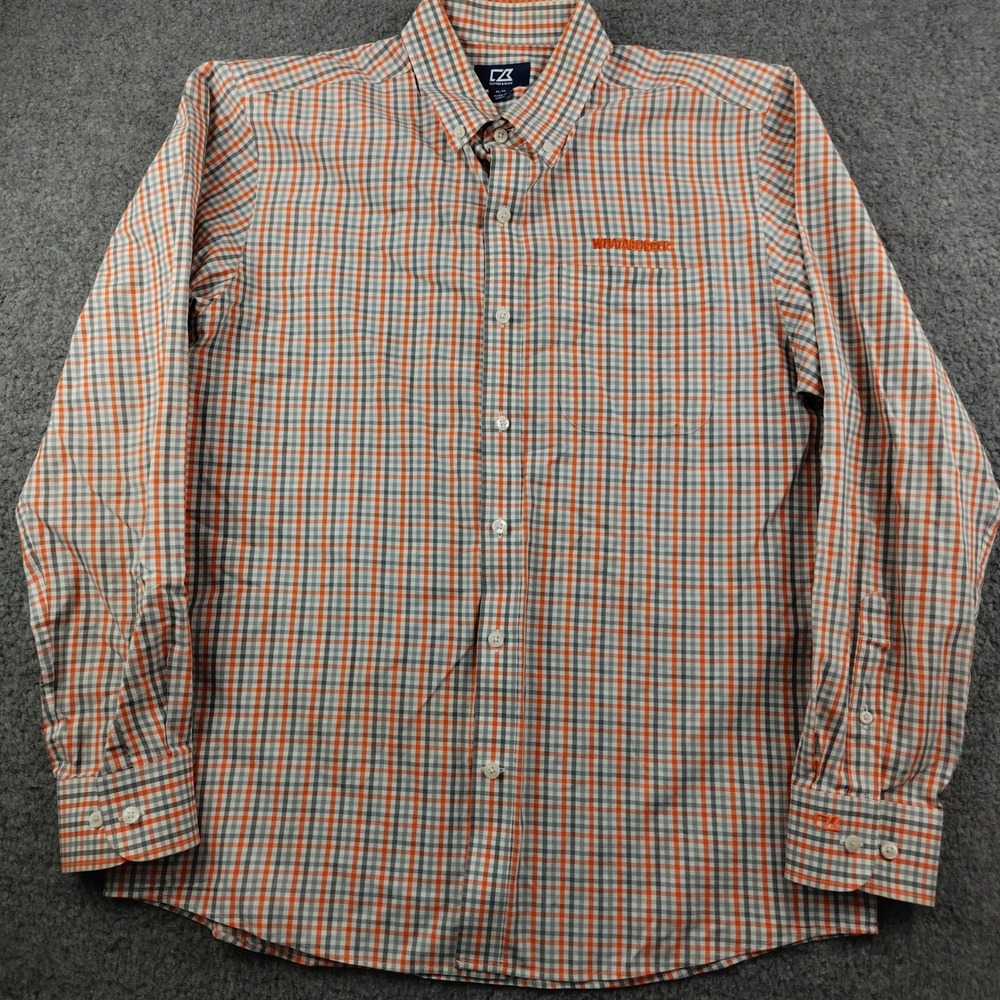 Whataburger Employee Button Up Shirt Mens Medium Plaid Orange Grey Long Sleeve